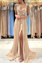 Elegant A-Line Sweetheart Chiffon Long Appliques Lace Prom Dress with Slit