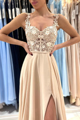 Elegant A-Line Sweetheart Chiffon Long Appliques Lace Prom Dress with Slit