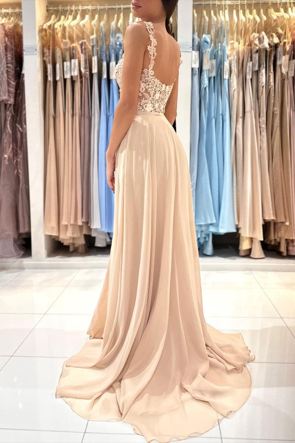 Elegant A-Line Sweetheart Chiffon Long Appliques Lace Prom Dress with Slit