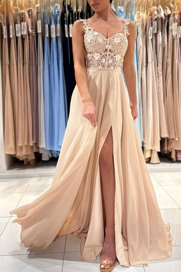 Elegant A-Line Sweetheart Chiffon Long Appliques Lace Prom Dress with Slit