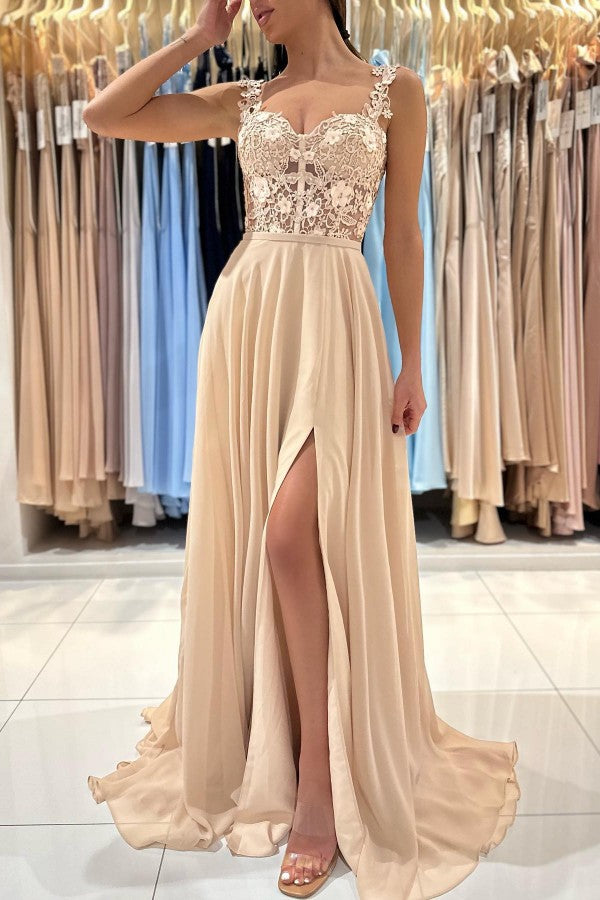 Elegant A-Line Sweetheart Chiffon Long Appliques Lace Prom Dress with Slit