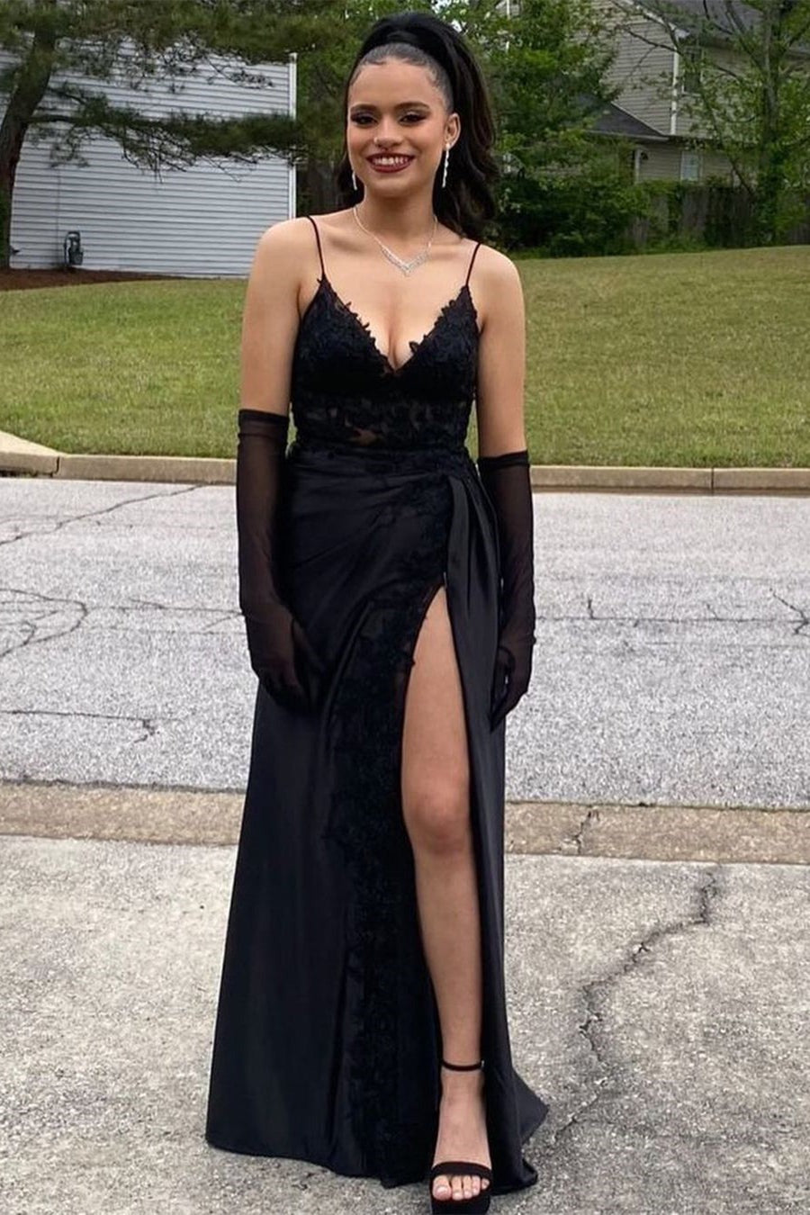 Black Long A-line V-neck Spaghetti Straps Lace Satin Prom Dress With Slit