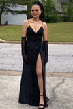 Black Long A-line V-neck Spaghetti Straps Lace Satin Prom Dress With Slit