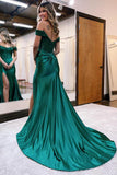 Off-the-shoulder Mermaid Satin Lace Long Prom Dresses With Split