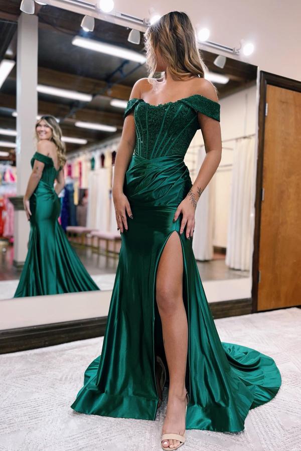 Off-the-shoulder Mermaid Satin Lace Long Prom Dresses With Split