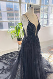 A-Line V-Neck Spaghetti-Straps Sleeveless Tulle Sequined Long Prom Dress