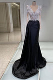 Sheath Lace Long Sleeve V-neck Applique Prom Dresses with Court Train Beaded