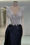 Sheath Lace Long Sleeve V-neck Applique Prom Dresses with Court Train Beaded