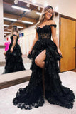 A-Line Lace Strapless Sleeveless Chapel Train Tulle Prom Dresses with Cascading Ruffles