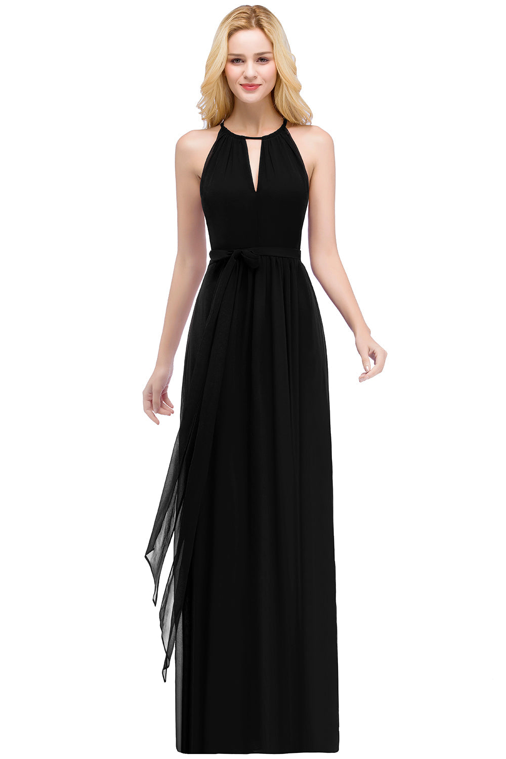 Long A line Halter Chiffon Ruffle Floor Length Bridesmaid Dress