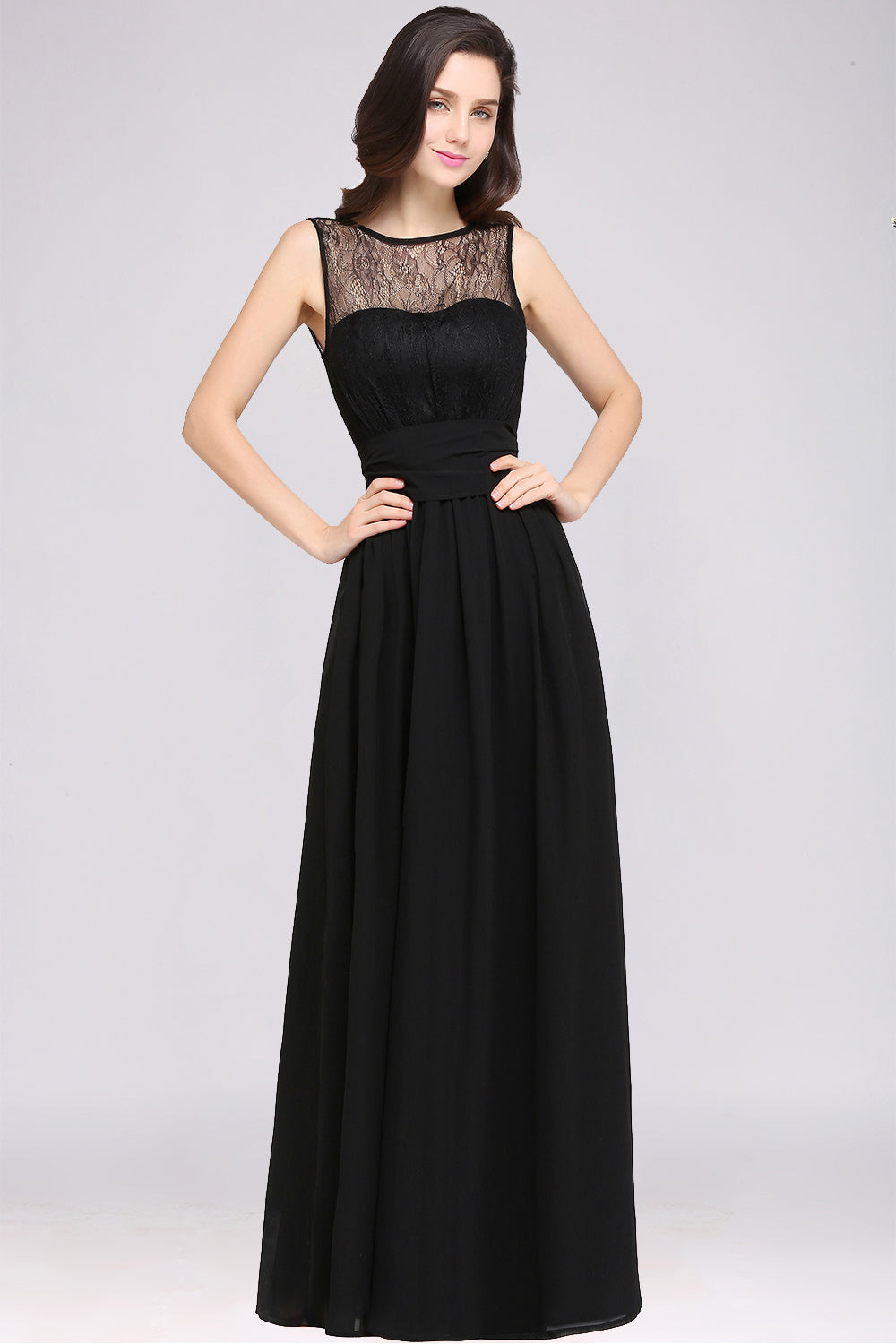 Long Off The Shoulder Round Neck Chiffon Bridesmaid Dress with Floral Lace and Ruffle