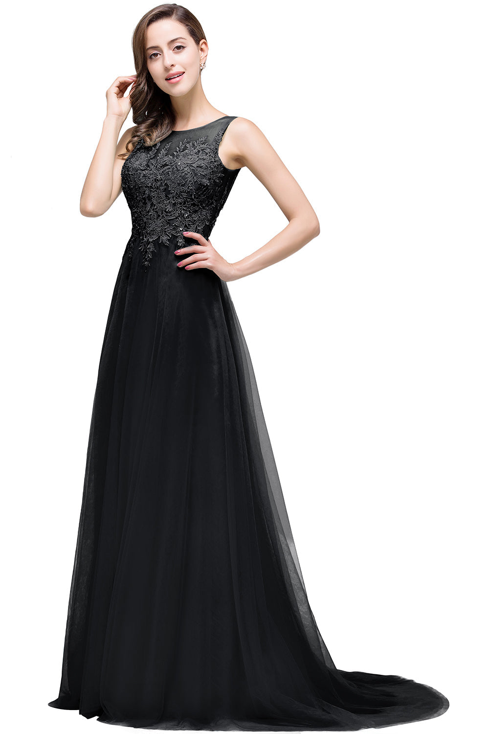 Long Sleeveless Round Neck Tulle A line Lace Appliques Bridesmaid Dress