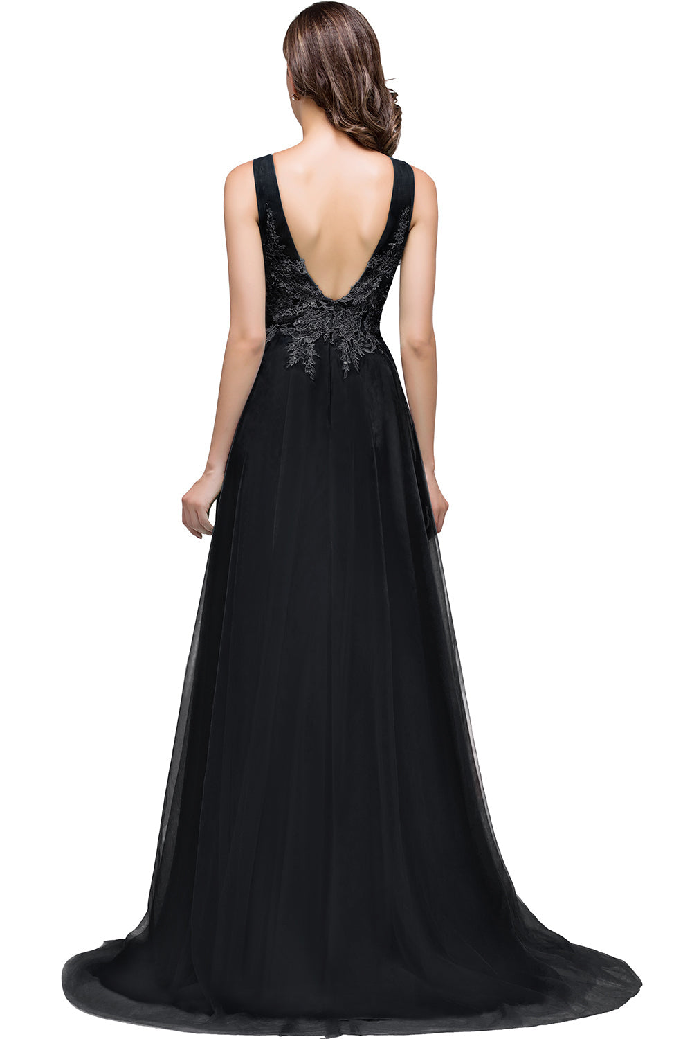 Long Sleeveless Round Neck Tulle A line Lace Appliques Bridesmaid Dress