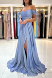 Glamorous A-line Off-The-shoulder Sweetheart Sequined Long Prom Dress with Slit