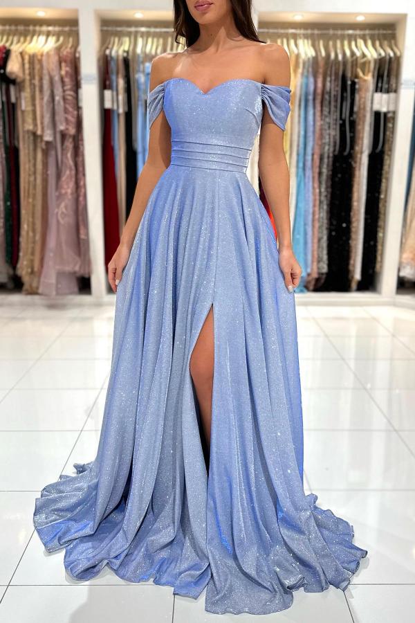 Glamorous A-line Off-The-shoulder Sweetheart Sequined Long Prom Dress with Slit