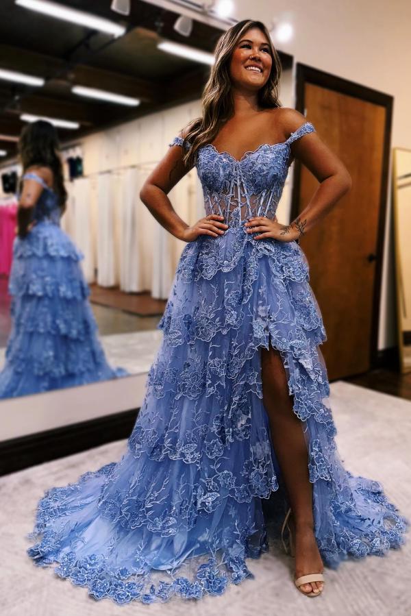 A-Line Tulle Off The Shoulder Hollow Split Lace Applique Cascading Ruffles Prom Dresses