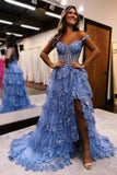 A-Line Tulle Off The Shoulder Hollow Split Lace Applique Cascading Ruffles Prom Dresses