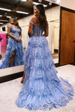 A-Line Tulle Off The Shoulder Hollow Split Lace Applique Cascading Ruffles Prom Dresses