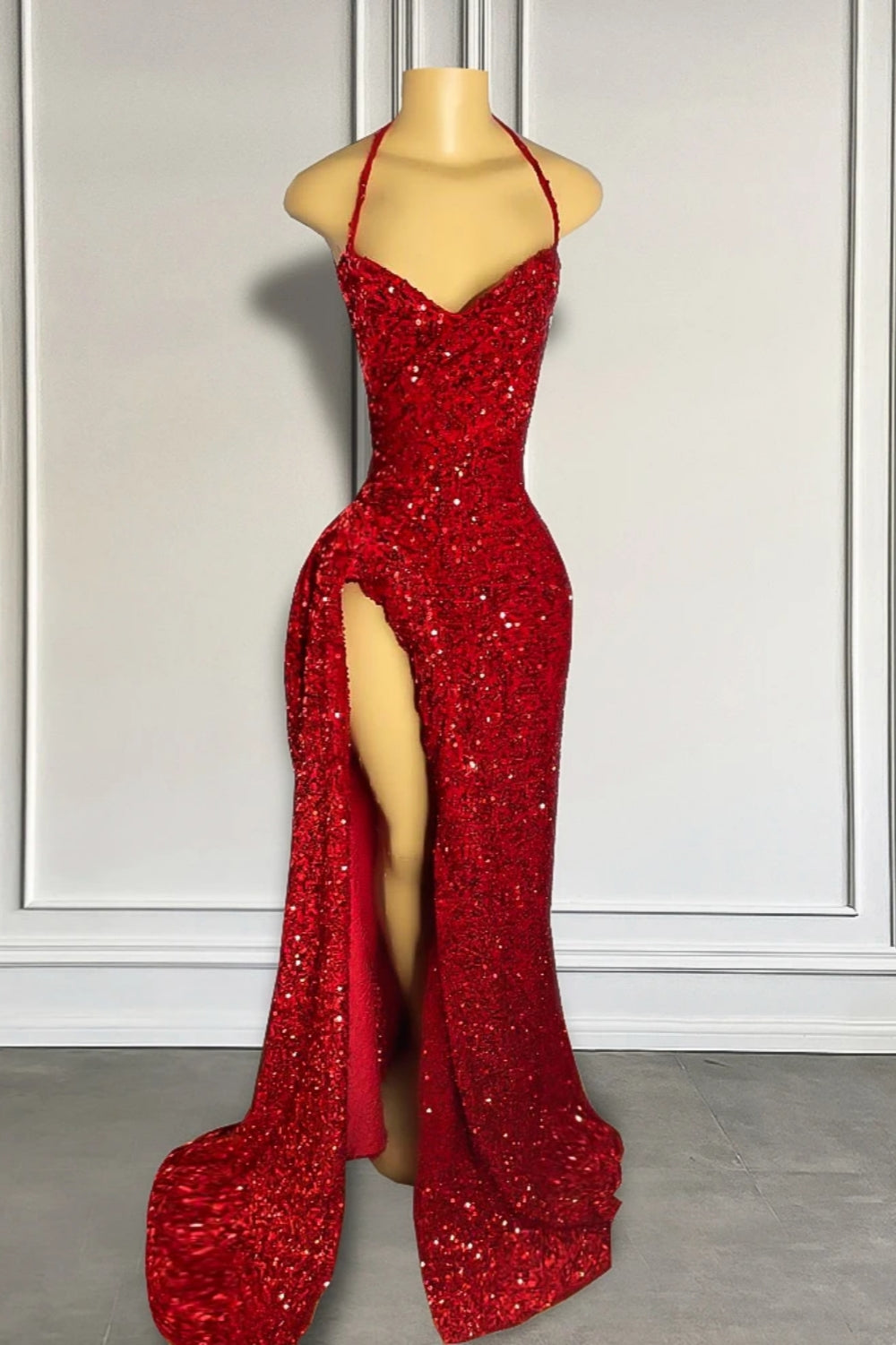 Mermaid Halter Sweetheart Sequined Long Backless Prom Dresses with High Split