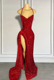 Mermaid Halter Sweetheart Sequined Long Backless Prom Dresses with High Split