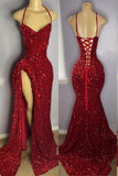 Mermaid Halter Sweetheart Sequined Long Backless Prom Dresses with High Split