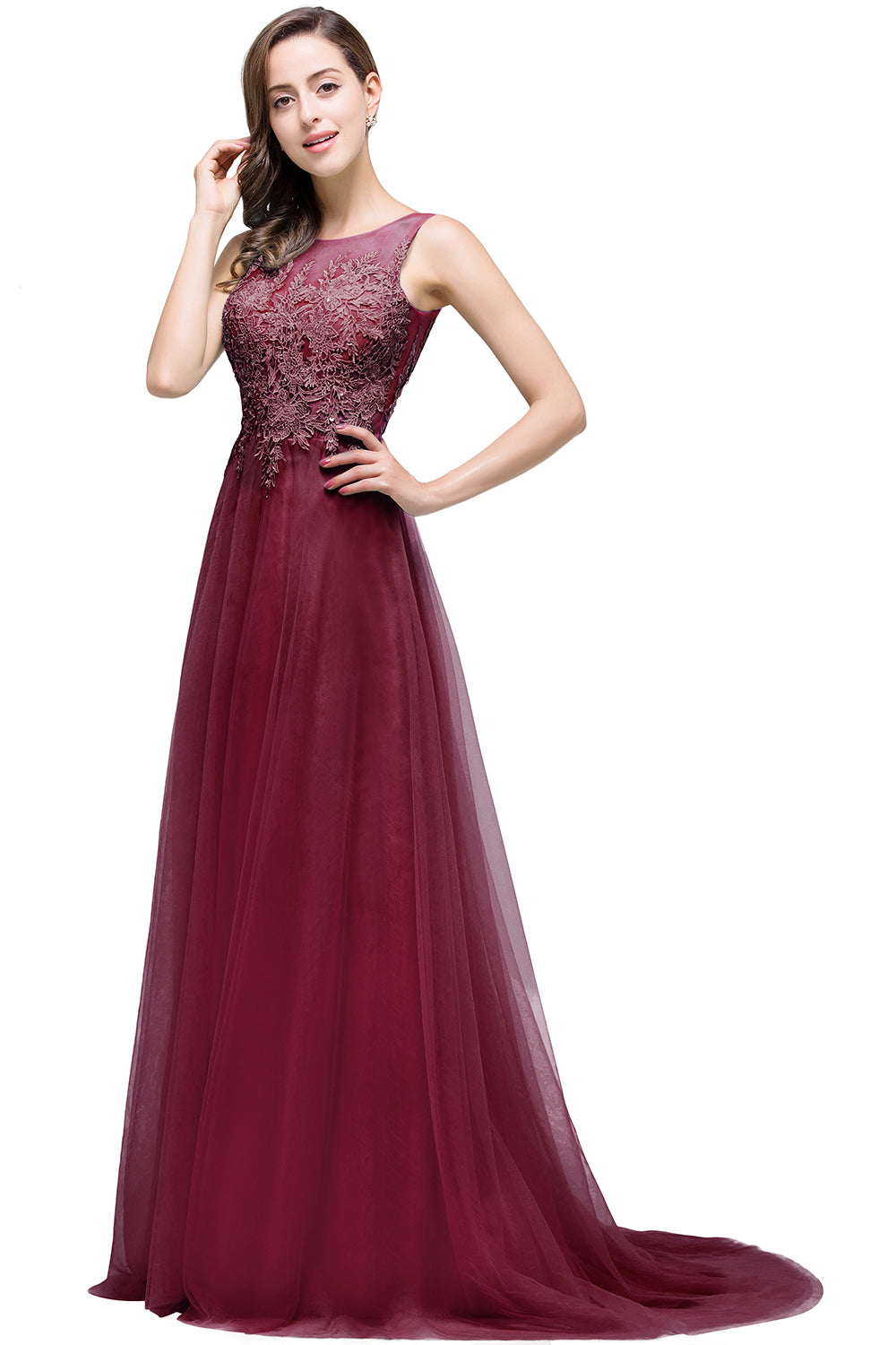 Long Sleeveless Round Neck Tulle A line Lace Appliques Bridesmaid Dress