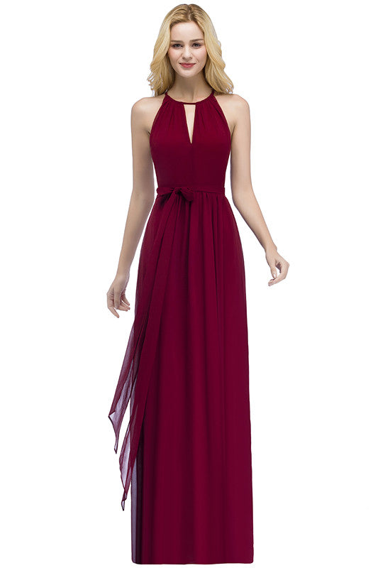 Long A line Halter Chiffon Ruffle Floor Length Bridesmaid Dress