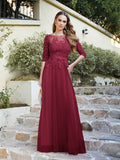 A line Round Neck Half Sleeves Tulle Lace Appliques Long Bridesmaid Dresses