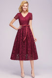 V Neck A Line Tea Length Floral Lace Formal Dress with Sleeves