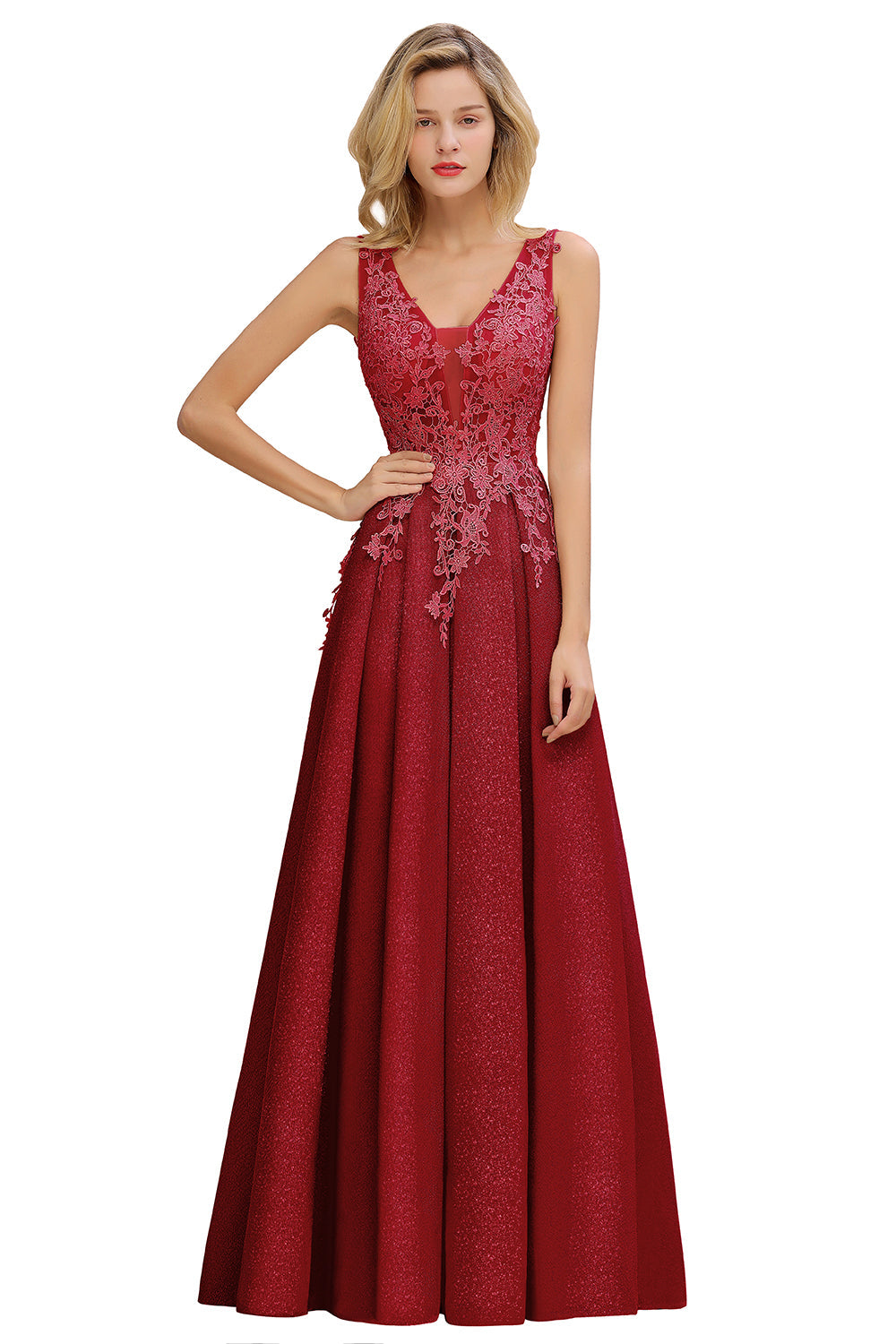 Long A Line V-Neck Sleeveless Tulle Lace Formal Dress with Appliques