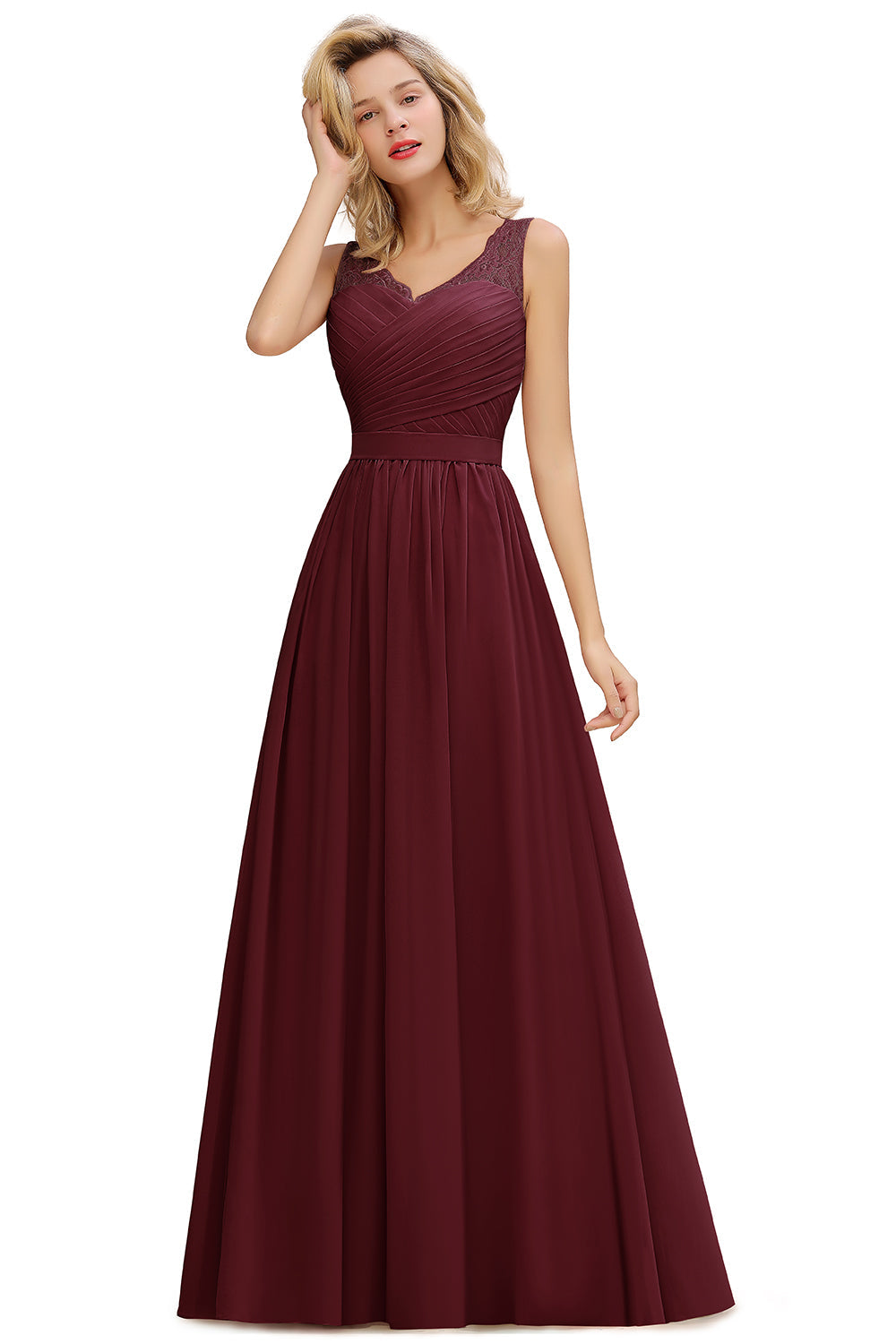 Long A line V-neck Ruffle Sleeveless Chiffon Bridesmaid Dress