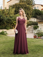 Long V-neck Backless Satin A-line Bridesmaid Dresses