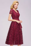 V Neck A Line Tea Length Floral Lace Formal Dress with Sleeves