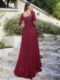 A line Round Neck Half Sleeves Tulle Lace Appliques Long Bridesmaid Dresses