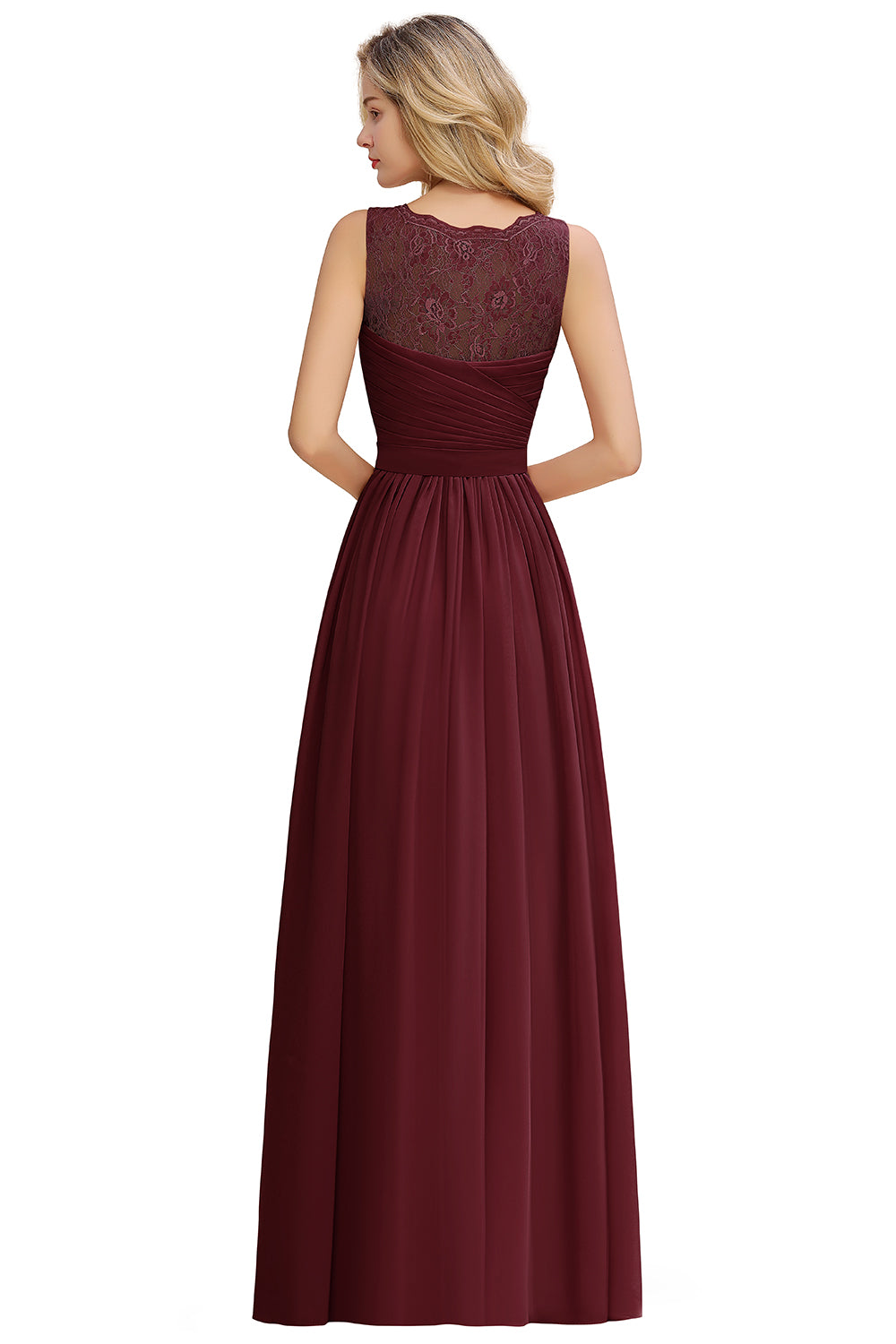 Long A line V-neck Ruffle Sleeveless Chiffon Bridesmaid Dress