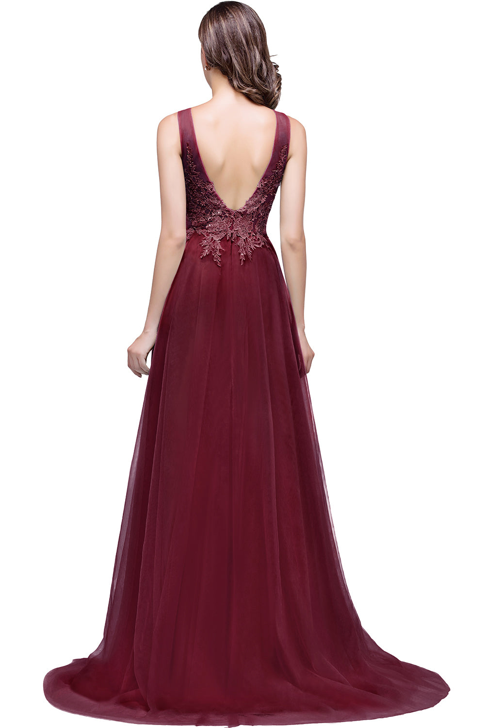 Long Sleeveless Round Neck Tulle A line Lace Appliques Bridesmaid Dress