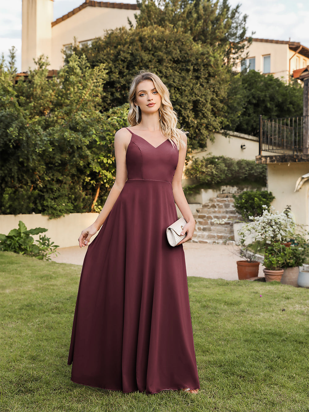 Long V-neck Backless Satin A-line Bridesmaid Dresses