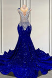 Luxury Royal Blue Mermaid V-neck Sequined Long Beading Prom Dress with Appliques