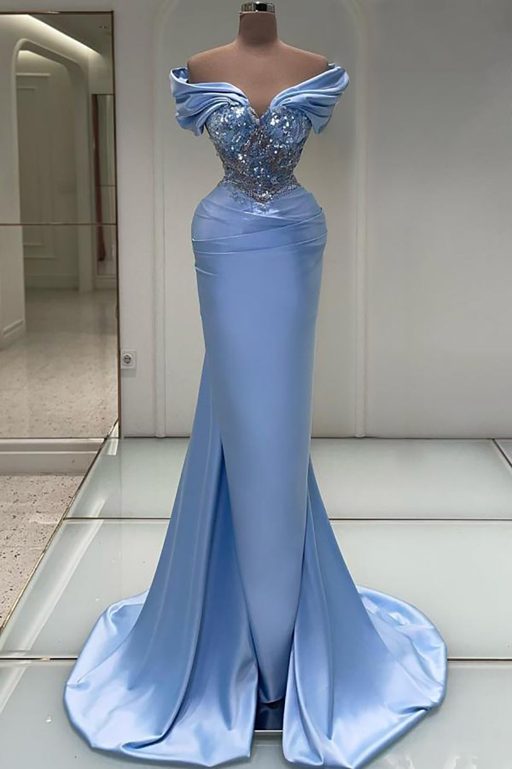 Blue Mermaid Sweetheart Sleeveless Satin Prom Dresses with Applique Crystal Sweep Train