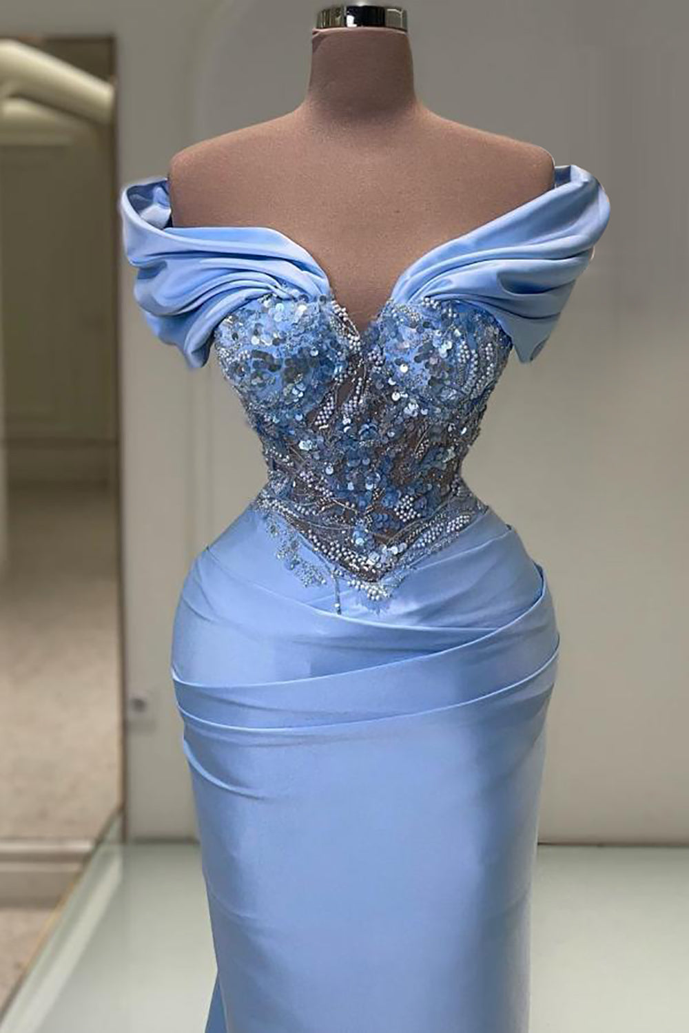 Blue Mermaid Sweetheart Sleeveless Satin Prom Dresses with Applique Crystal Sweep Train