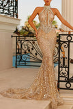 Gorgeous Mermaid High Neck Sleeveless Sequined Long Prom Dress with Beadings