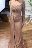 Gorgeous Mermaid Sweetheart Satin Long Beadings Prom Dress with Long Sleeves