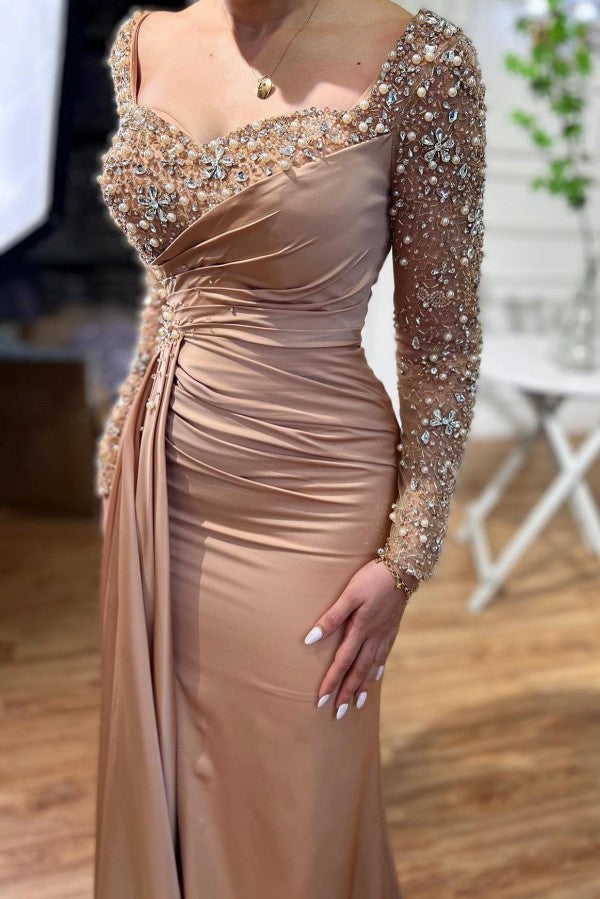 Gorgeous Mermaid Sweetheart Satin Long Beadings Prom Dress with Long Sleeves