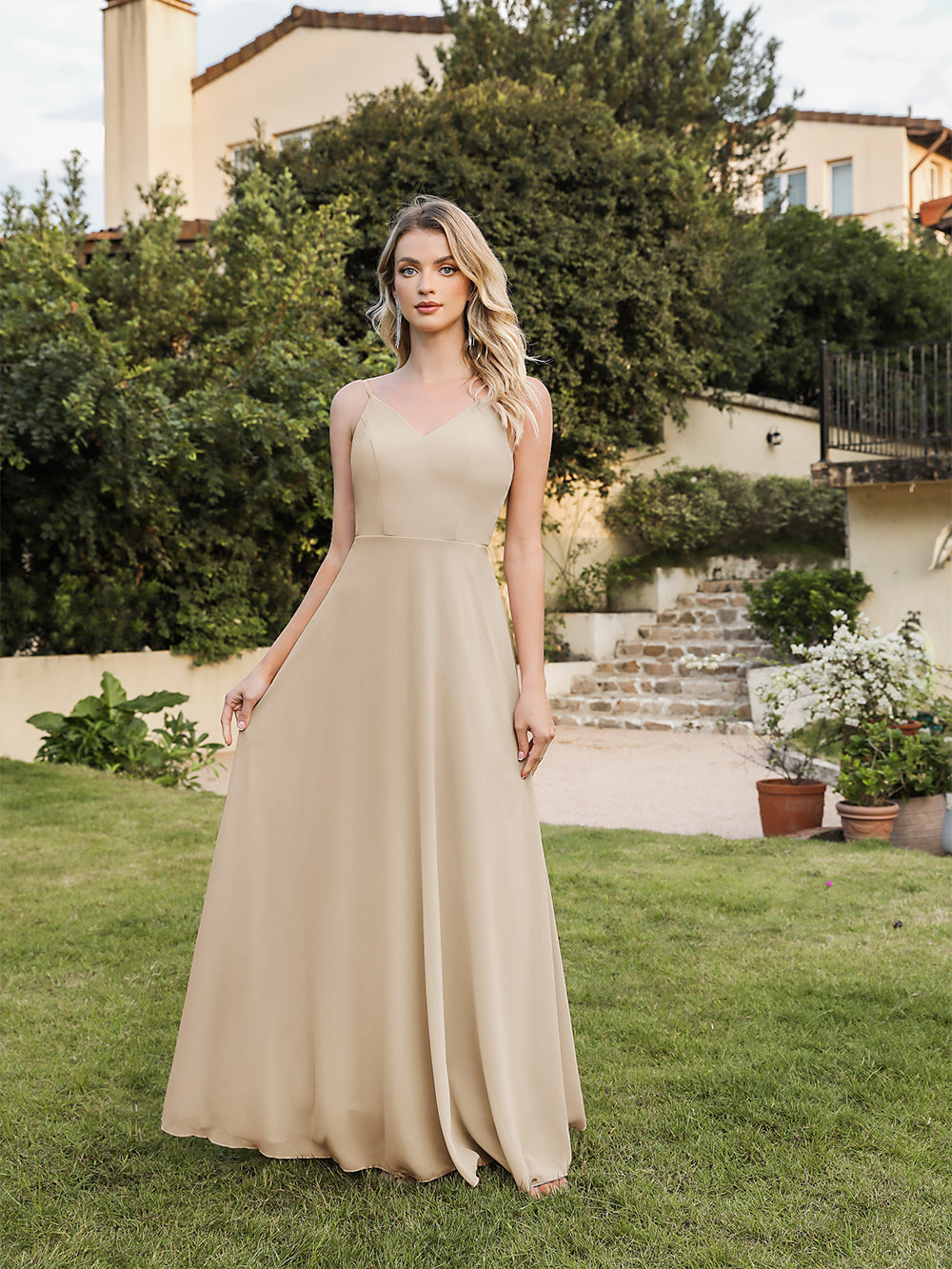 Long V-neck Backless Satin A-line Bridesmaid Dresses