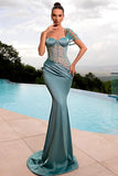 3D One Shoulder Sweetheart Mermaid Stain Sweep Train Long Prom Dress