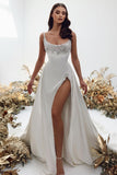 A-Line Spaghetti Straps Satin Beading Long Wedding Dresses with Split