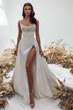 A-Line Spaghetti Straps Satin Beading Long Wedding Dresses with Split