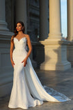 Mermaid Sweetheart Satin Lace Open Back Long Wedding Dresses with Bow