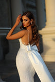 Mermaid Sweetheart Satin Lace Open Back Long Wedding Dresses with Bow