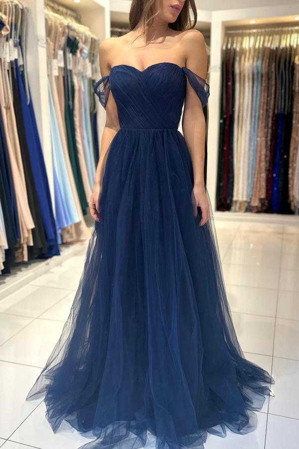 Glamorous A-line Sweetheart Off-The-Shoulder Tulle Long Ruffles Prom Dresses